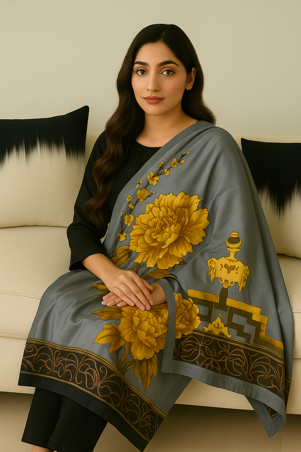 A woman having a grey silk dupatta draped over her shoulders, featuring metal printed yellow flowers and geometric patterns.