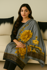 A woman having a grey silk dupatta draped over her shoulders, featuring metal printed yellow flowers and geometric patterns.