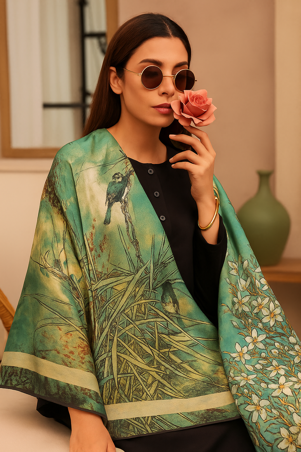 A woman wearing a green and gold-colored silk dupatta with a bird print, holding a pink rose to her face.