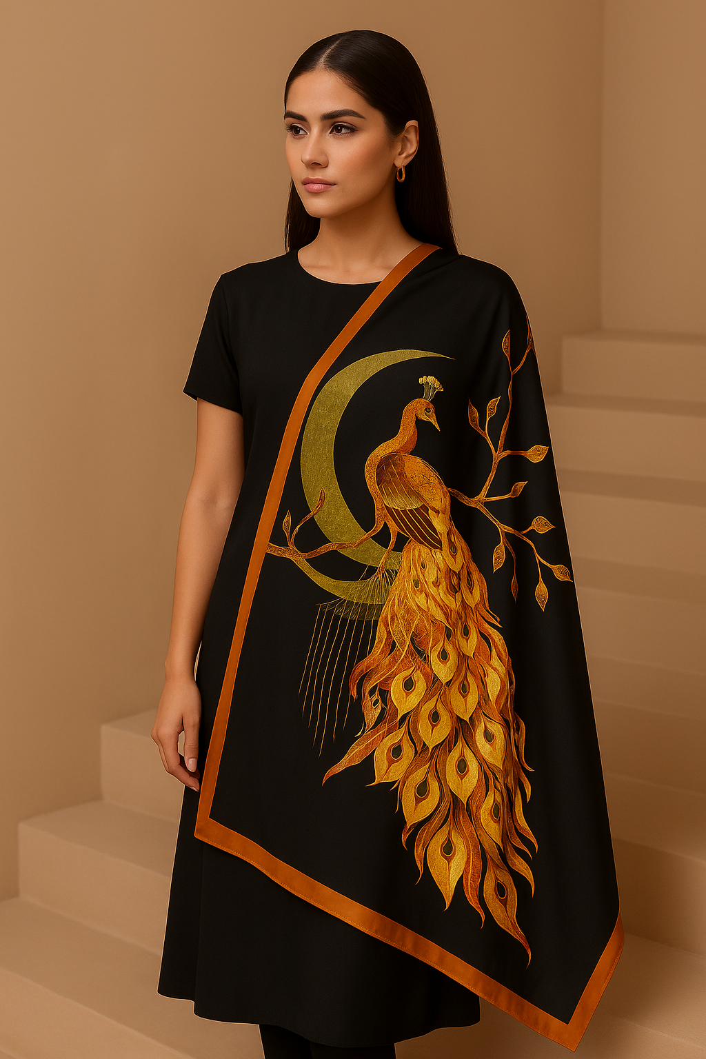 A woman posing with a black dupatta with a golden peacock print on it.