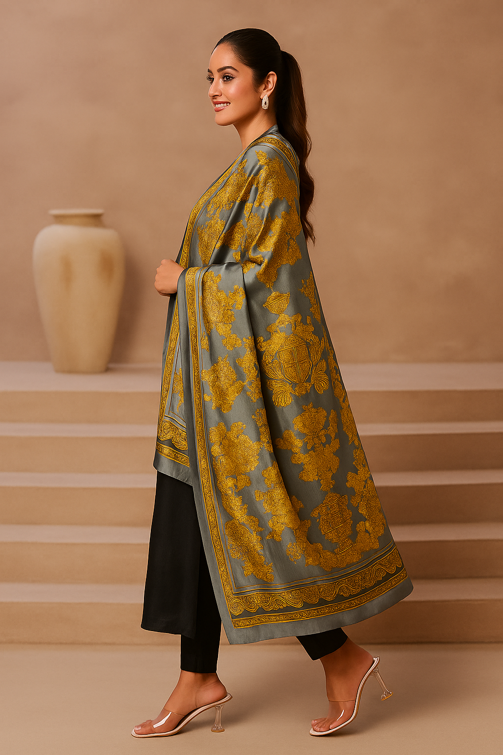 A woman wearing a grey and gold silk dupatta with floral patterns, paired with black pants and beige heels.