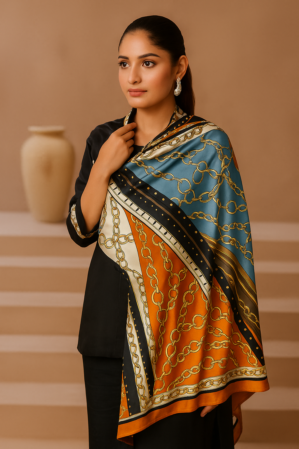 A woman wearing a black outfit and a silk dupatta with metal printed design in orange, white and blue colors.