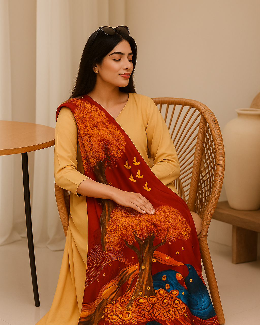 A woman sitting in a chair, wearing a beige dress and a red dupatta with a moneyplant print.