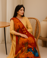 A woman sitting in a chair, wearing a beige dress and a red dupatta with a moneyplant print.