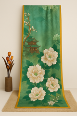 A woman wearing a green and gold-colored silk dupatta with a bird print, holding a pink rose to her face.