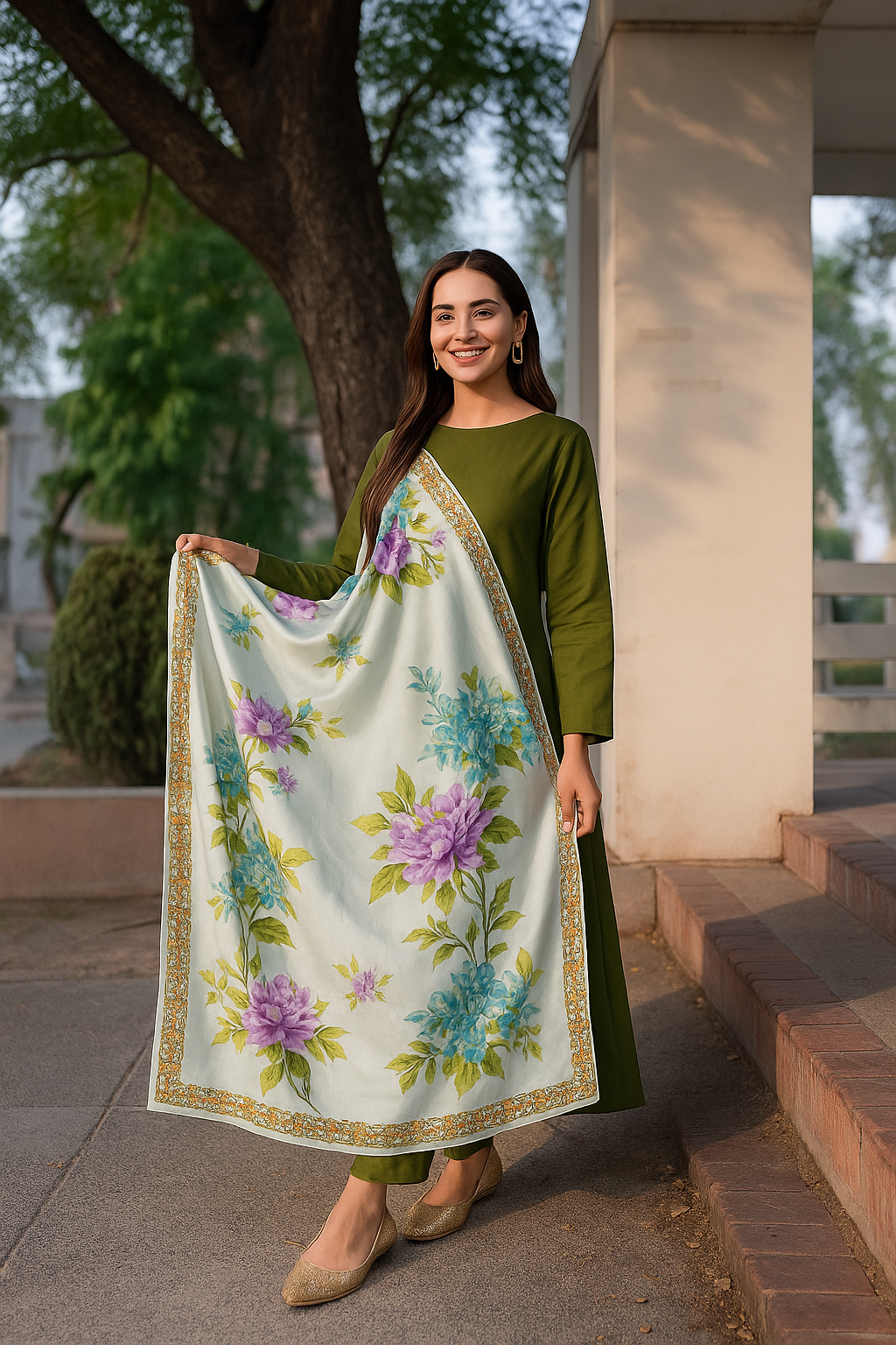 A woman standing outdoors wearing a green dress and a floral printed silk dupatta in beige, green, and purple colors.