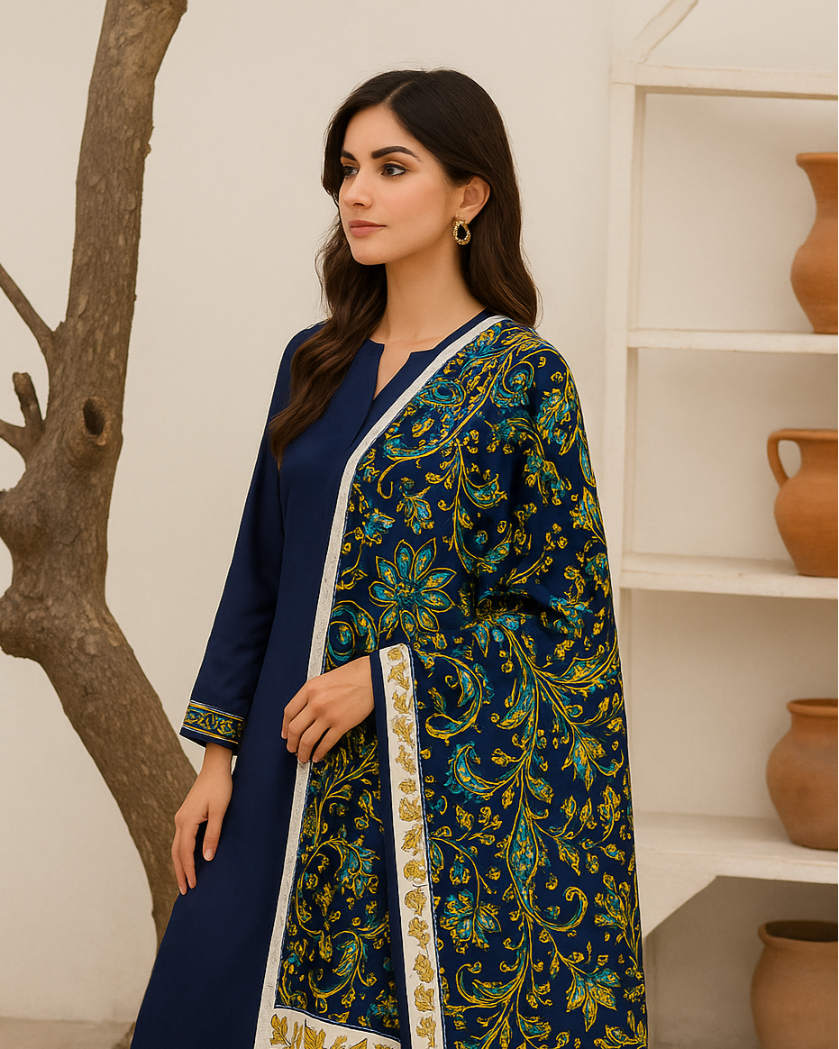 A woman wearing a navy blue dress and a printed silk dupatta with geometric patterns in blue, gold, and green colors.