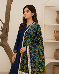 A woman wearing a navy blue dress and a printed silk dupatta with geometric patterns in blue, gold, and green colors.