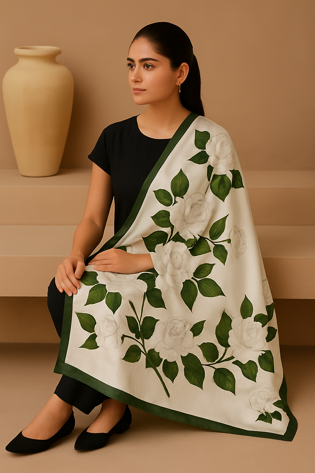 A woman sitting and posing with a green and white silk dupatta with a floral pattern draped over her shoulders.