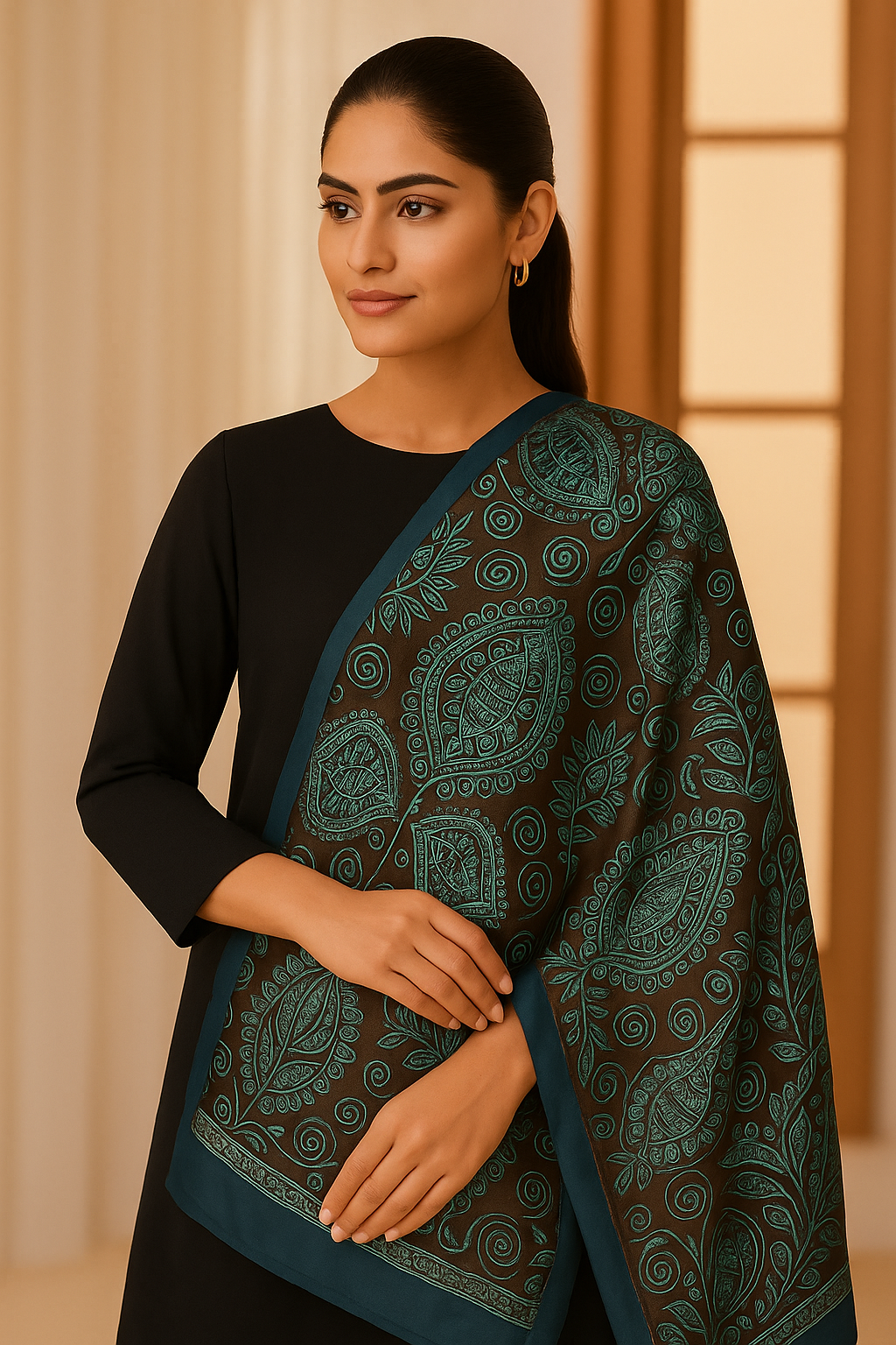 A woman wearing a black outfit and a silk dupatta with a geometric monochrome print in blue and black colors.