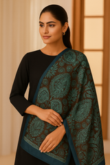 A woman wearing a black outfit and a silk dupatta with a geometric monochrome print in blue and black colors.
