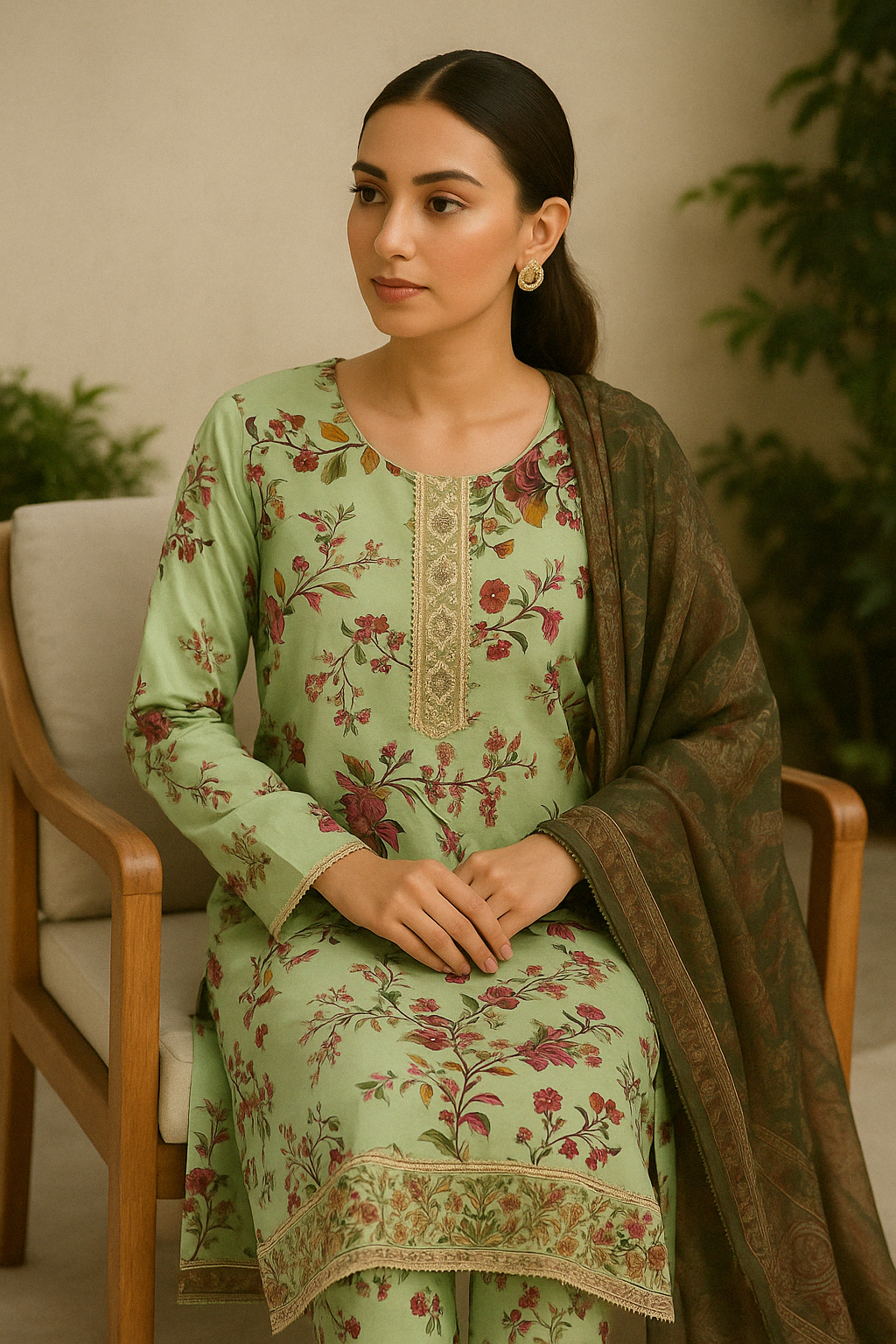 Linen 3pc floral green printed suit 2001