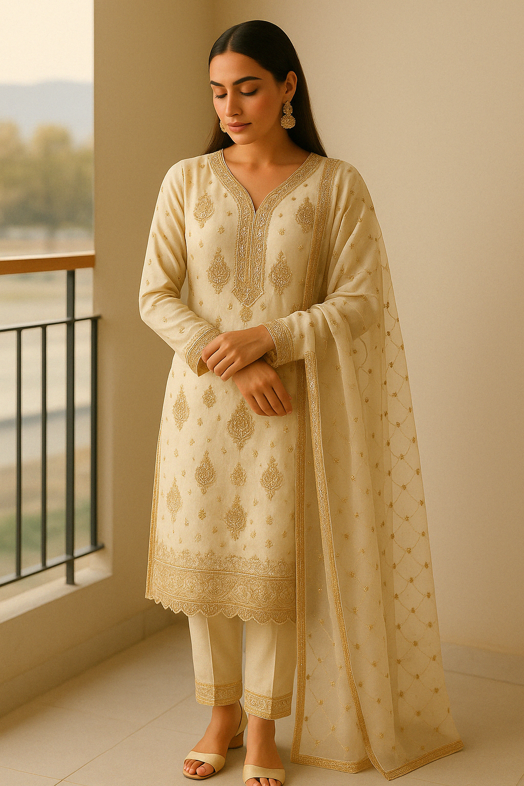 Fully Embroidered 3pc Chiffon in cream color