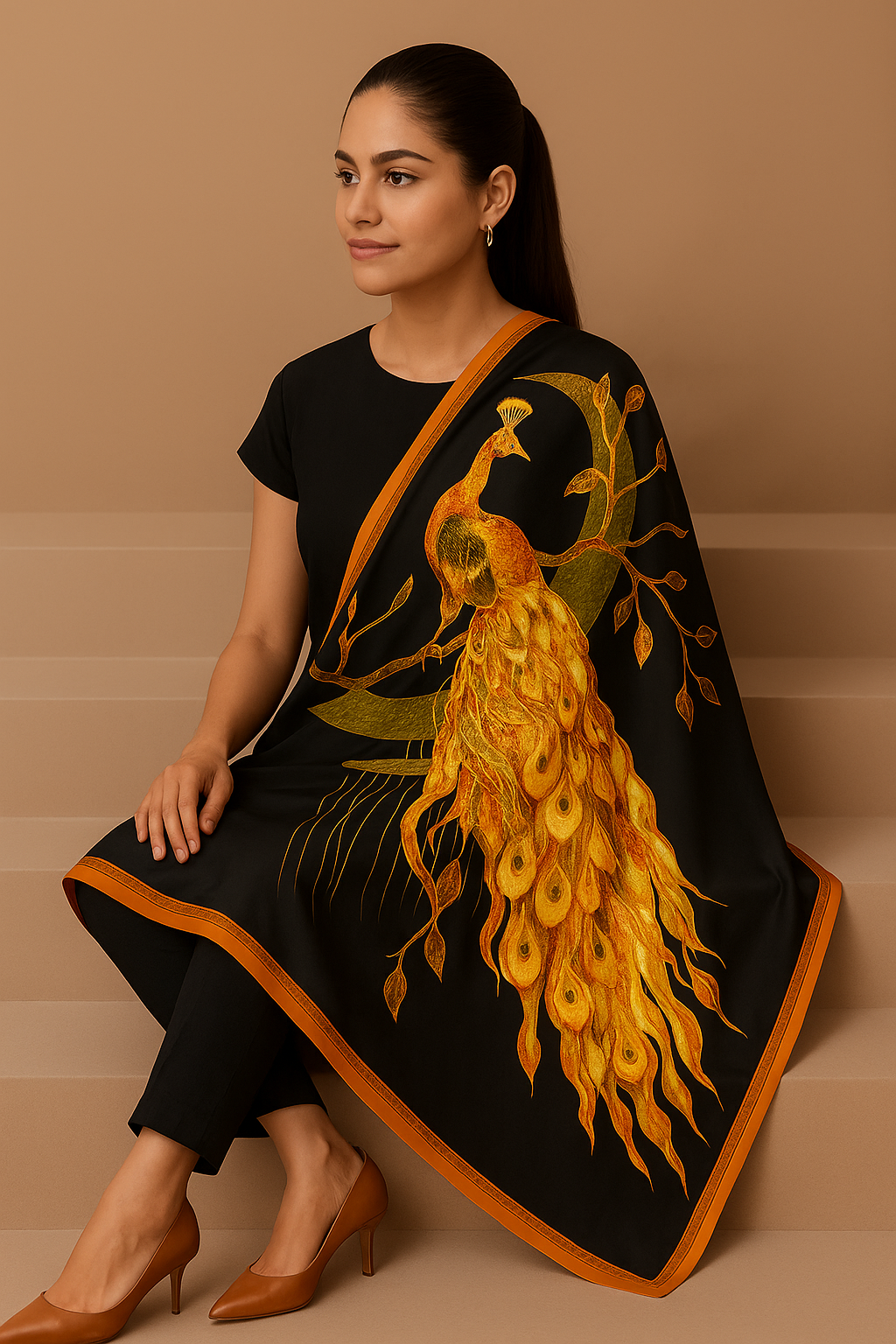 Golden Peacock Printed Matt Silk Dupatta