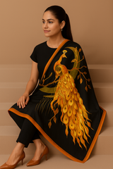 Golden Peacock Printed Matt Silk Dupatta