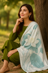 Peal Lotus Printed Matt Silk Dupatta