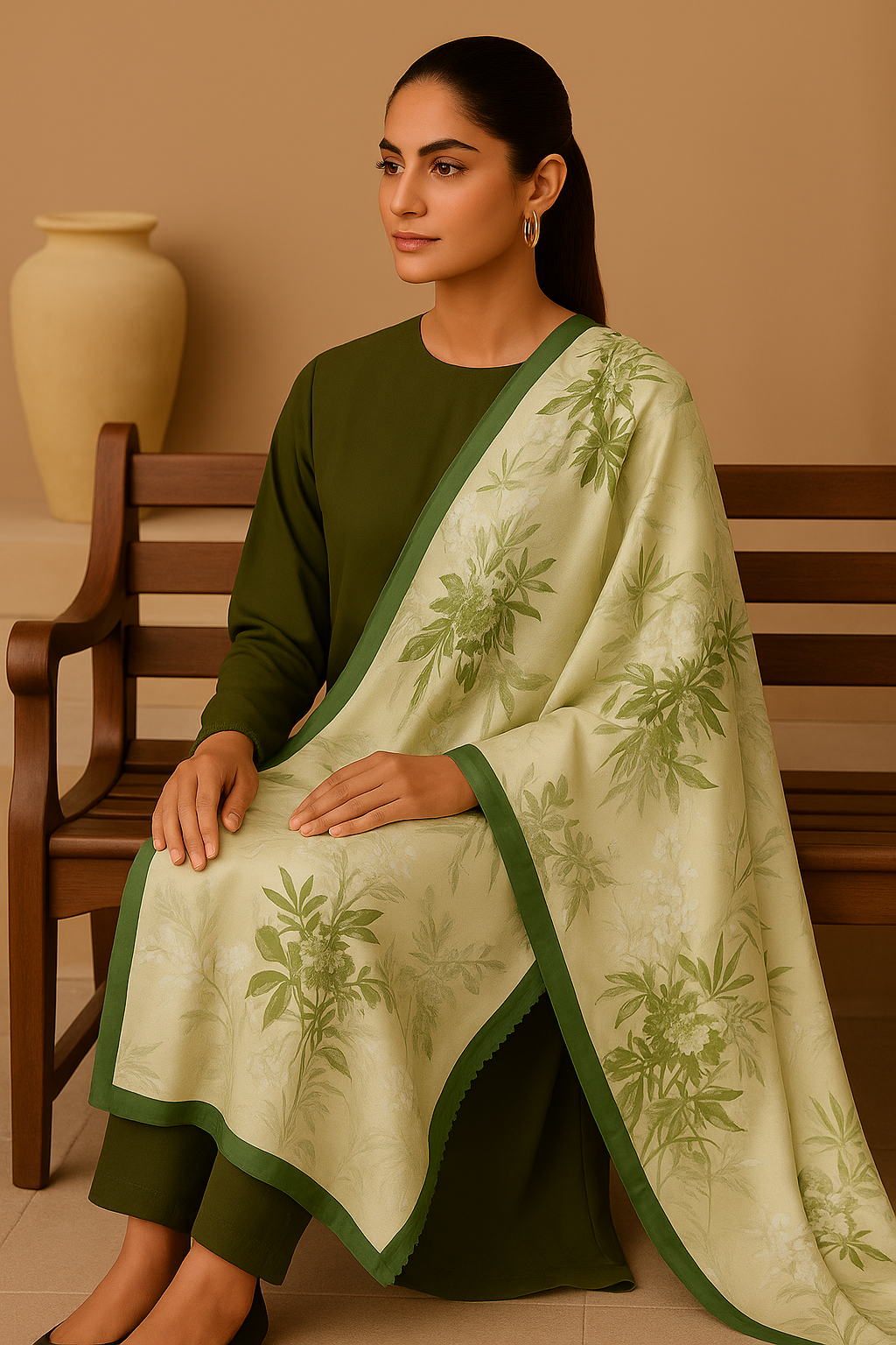 Green Roses Printed Silk Dupatta - Trendy Matt Silk